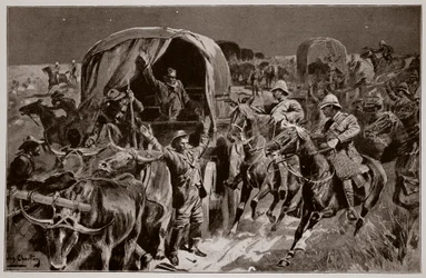 Nachtangriff auf einen Burenkonvoi durch berittene Infanterie unter Colonel Williams, nach einer Zeichnung eines britischen Offiziers